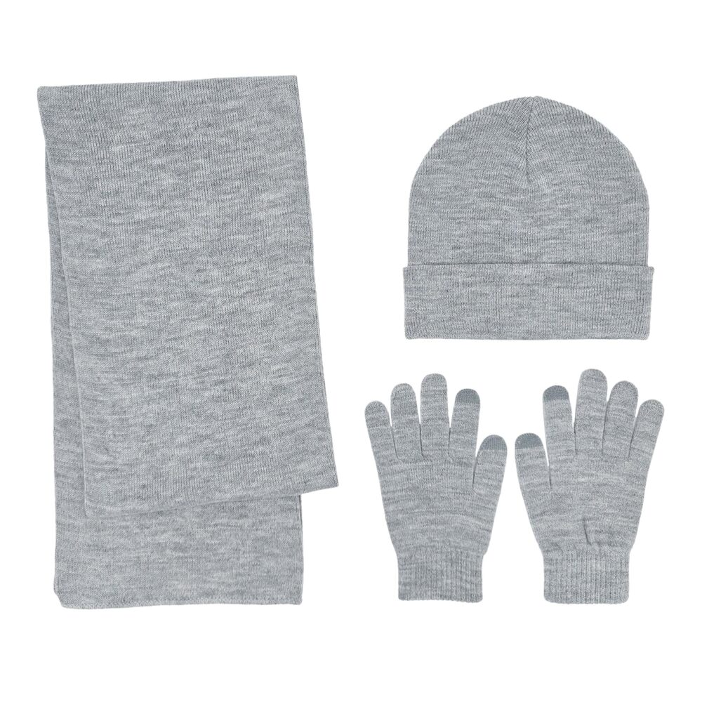 9099 Winter Knit Scarf Beanie Touchscreen Gloves 3PCS Set and ,LT Grey